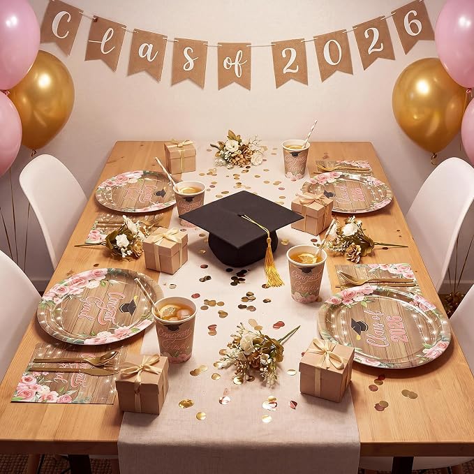 Vesici 150 Pcs Class of 2026 Graduation Party Supplies Floral Graduation Oval Paper Plate Napkin Cup 10'' x 12'' Rustic Heavy Duty Disposable Tableware Set for 2026 Congrats Grad Party Decorations