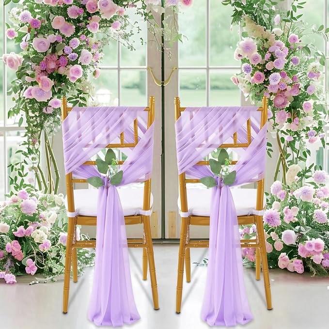QueenDream Light Purple Wedding Chair Sashes 16 Pieces Wedding Aisle Chair Decorations Long Sheer Church Draping Fabric Chair Covers Bulk with Artificial Eucalyptus