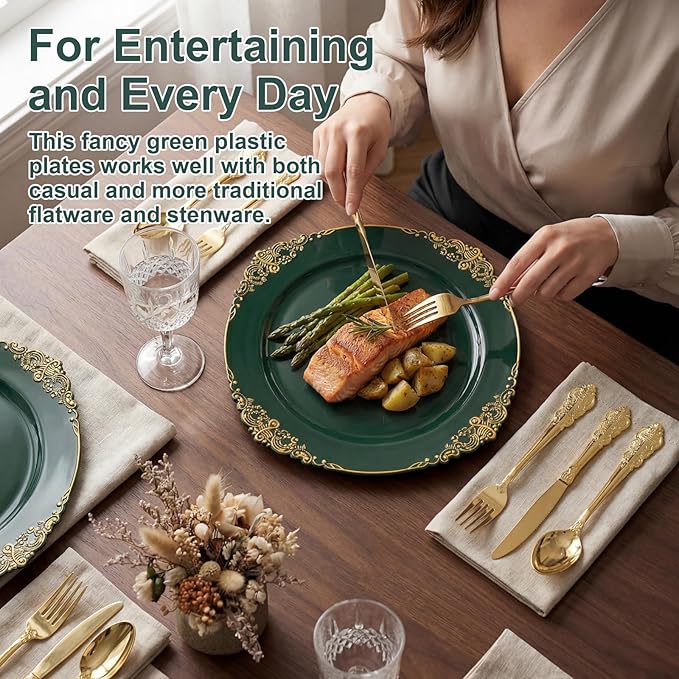 102PCS Green Plastic Plates - Green and Gold Plates - Fancy Heavy Duty Disposable Plate - Heavyweight Dinner & Dessert Plate for 51 Guests for Spring Party & Wedding