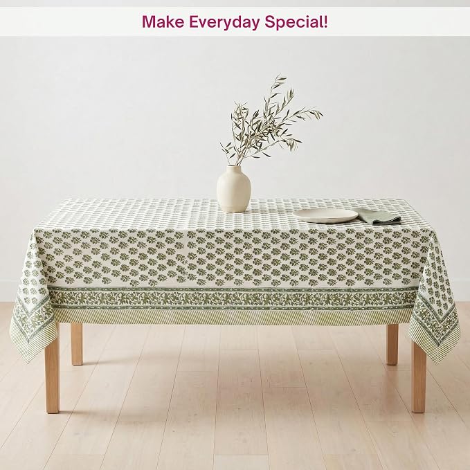 ATOSII Ivy Green 100% Cotton Square Boho Spring Summer Tablecloth, Handblock Floral Table Cloth Linen for Kitchen Dining I Parties Wedding Outdoors Picnic Easter Decor 60 X 60 Inches I 4 Seater