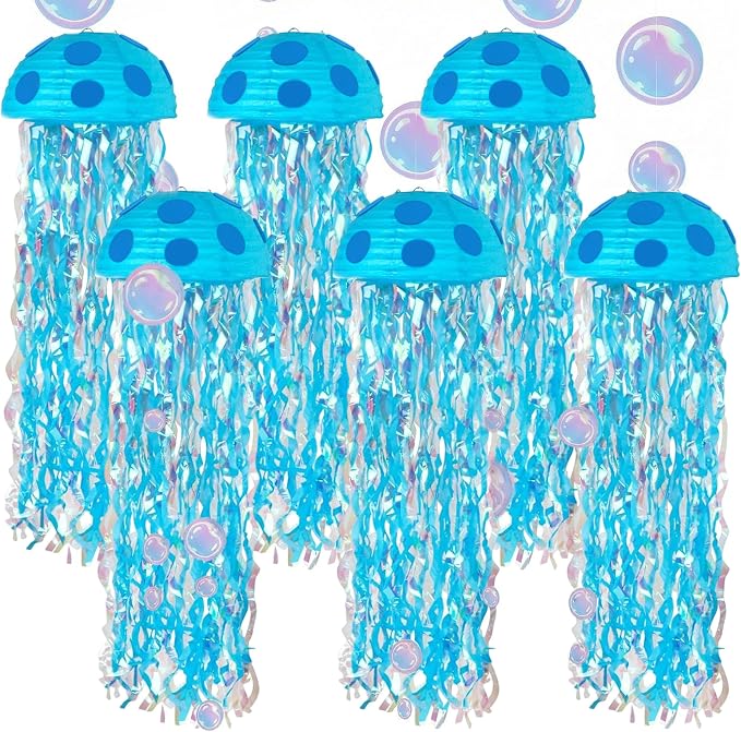 18 Pcs Under The Sea Party Decorations-6pcs 10'' Hanging Jellyfish Paper Lanterns， Bubble Garlands Crepe Paper for Shower - Mermaid Birthday Decorations，Ocean Theme Classroom & Beach Room Decor Blue