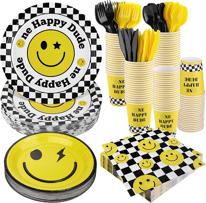 Kochorie 400 Pieces One Happy Dude Disposable Party Tableware Sets Including Plates Cups Napkins Cutlery Serves 50 for Smiley Party 1st Birthday Preppy Party Decorations