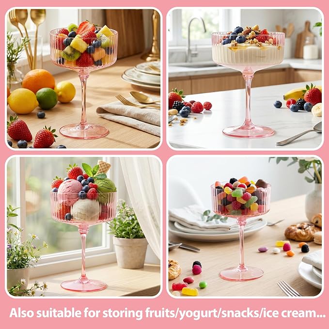LIYH 20pcs Pink Martini Glasses 10 Oz Martini Glasses Plastic Disposable Pink Coupe Glasses Plastic Champagne Tower Disposable Martini Cups Perfect for Any Party,Bar,Cocktail,Beverage,Party
