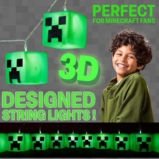 Minecraft String LED Lights for Bedroom Battery Operated Fairy Lights for Room Decor Wall Light Creeper Indoor Decoration Gamer Gifts for Kids