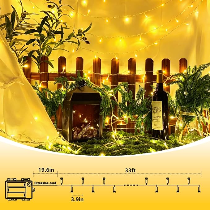 QITONG 2 Pack Battery Operated String Lights, Each 33ft 100 LED Warm White Christmas Lights Outdoor Waterproof, 8 Modes Clear Wire Twinkle Fairy Lights Indoor with Remote