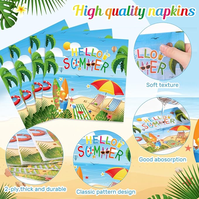 Pickmesh 250 Pcs Hello Summer Plates Napkins and Cups Beach Party Decorations Hawaiian Tropical Disposable Paper Tableware Set for 50 Guests Summery Ocean Pool Luau Birthday Party Supplies