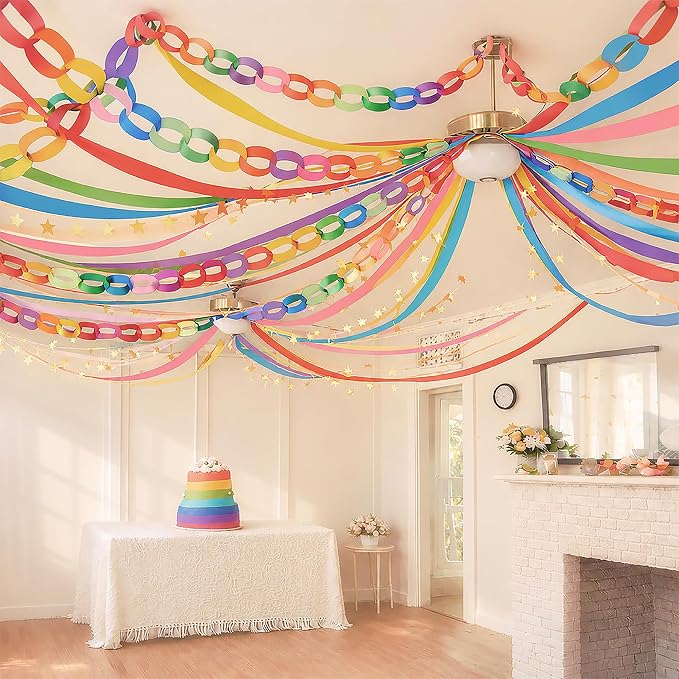 Rainbow Birthday Party Decorations Kit with 492ft Crepe Paper Streamers, 300 Sheets Paper Chain Strips, 78.6ft Gold Star Garland for Hanging Decor