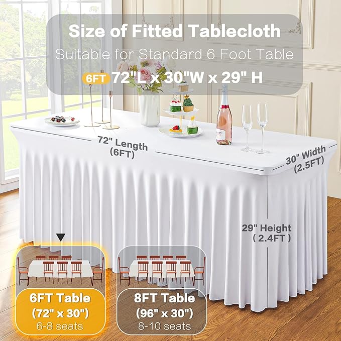6 Pack Spandex White Table Clothes for 6 Foot Rectangle Tables, Wrinkle Free Stretch Table Cloths 6ft Fitted Tablecover Desk Skirt for Birthday Parties Wedding Banquet Baby Shower