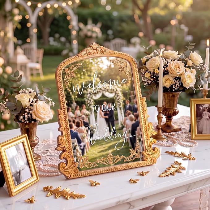Bucherry Vintage Love Wedding Sign Welcome to Our Wedding Mirror Plaque Elegant Resin Frame with Mirror 12" x 7.5" Baroque Reception Decor Gold Table Centerpiece