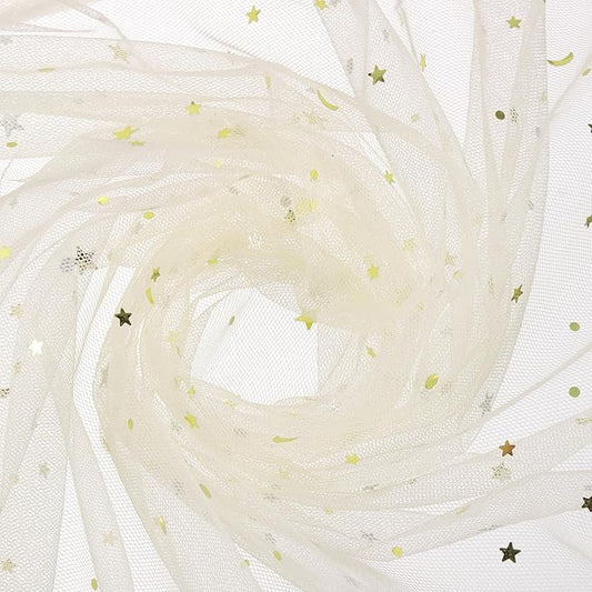 uxcell 60" x 8.7 Yard Tulle Fabric Star Moon Sequin Tulle Ribbon Rolls for Wedding Party Backdrop Stage Tutu Dress Bridal Veil DIY Sewing Crafts Decoration, Beige