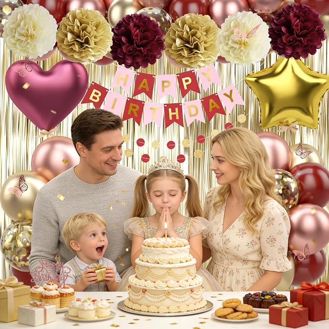 Burgundy Rose Gold Birthday Party Decorations 12INCH Wine Red Maroon Gold Balloons Happy Birthday Banner Cake Topper Fringe Curtain Paper Pom Poms Butterfly Sticker 18INCH Heart Star Foil Girls Women