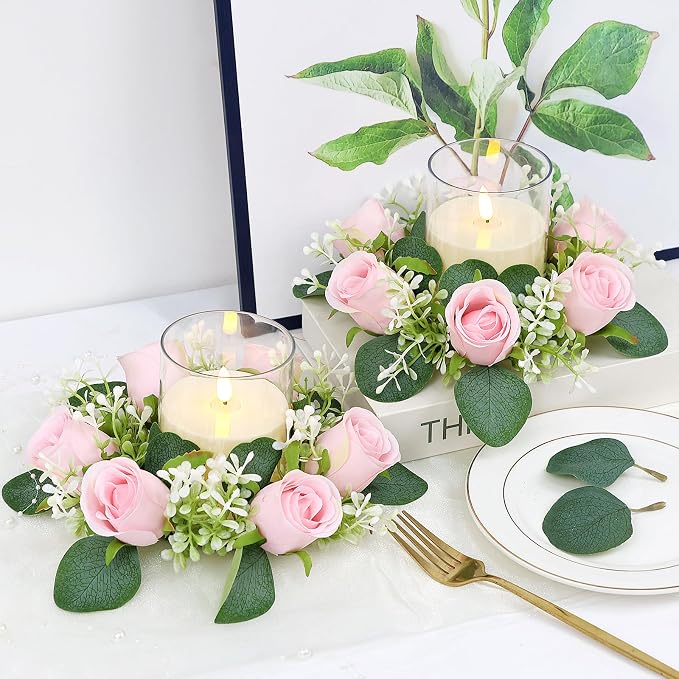 Pink Rose Candle Rings with Flameless Candles Sets - 12PCS Artificial Flower Eucalyptus Wedding Centerpiece 3 Inch Pillar Candleholders Wreaths for Wedding Party Decor (Pink - 6 Sets)
