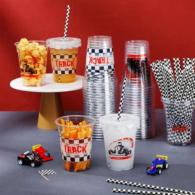 FoldTier 50 Pcs Checkered Racing Party Plastic Cup 12 oz Checkered Flag Thick Transparent Cup Black and White Cups Race Car Birthday Party Supplies for Racecar Sports Themed