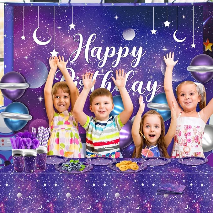 Galaxy Party Supplies,Includes Space Galaxy Birthday Backdrop, Plates, Napkins, Cups ,Tablecloth, Balloons,Foil Balloons, for 20 Guests Galaxy Outer Space Theme Birthday Party Decoration