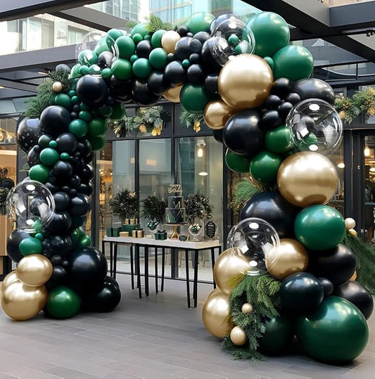 Black Green Gold Balloon Arch Kit, Double Stuffed Dark Emerald Green Black Gold Balloon Garland with Clear Balloons for Graduation Birthday Wedding Baby Shower Jungle Wild One Camo Army Party Decor
