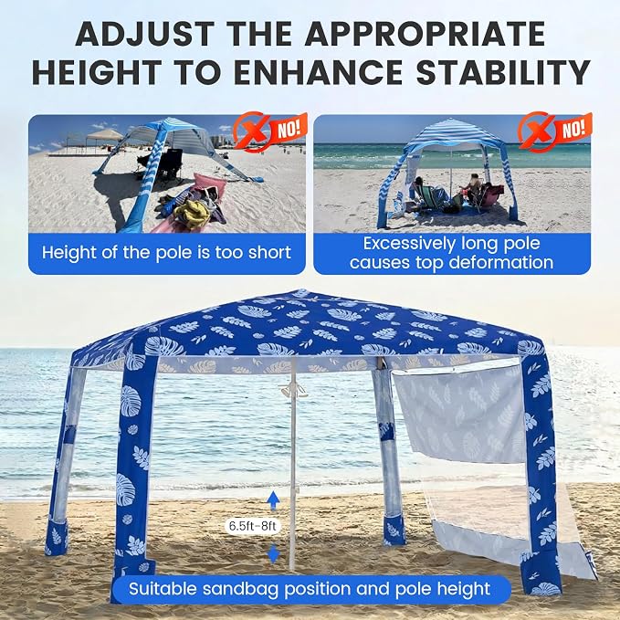 Zeraty Beach Cabana 8'×8', Portable Beach Canopy with Side Wall, UPF 50+ Silver-Coated Beach Tent Sun Shelter Easy Pop Up, Wind Resistant Adjustable Height Beach Umbrella Tent for Family, Coastal