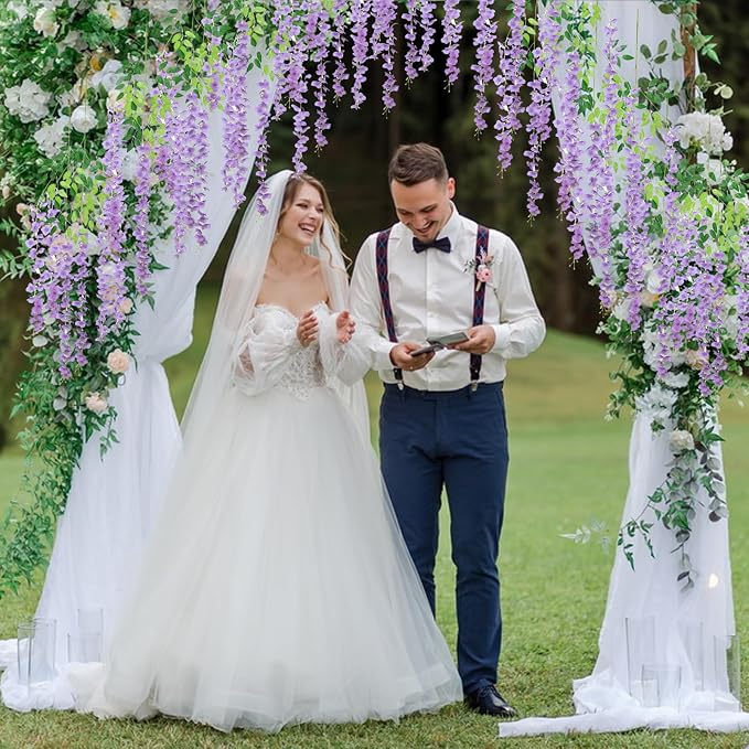 12 Pack Light Purple Wisteria Hanging Flowers, 3.44 Ft Fake Hanging Flowers, Artificial Wisteria Garland Vines for Wedding Room Backdrop Outdoor Patio Garden Decoration