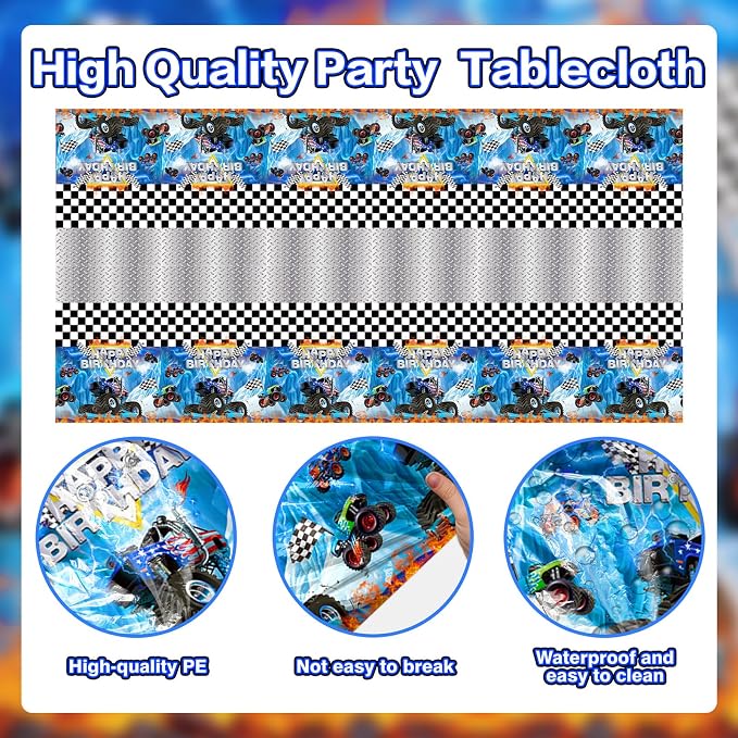 Monster Truck Birthday Decorations Party Decorations Set Include Truck Balloons, Tablecloth, Backdrop, Cake Cupcake Toppers, Hanging Swirls, Banner Monster Truck Party Supplies for Boys Birthday Decor