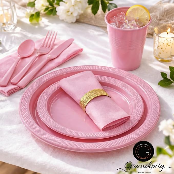 Grandipity 720 Piece Disposable Dinnerware Set, Plastic Dinnerware Set Includes 120 Count 9' Dinner Plates, 7' Dessert Plates, 12oz Cups, Forks, Knives & Spoons - Pink