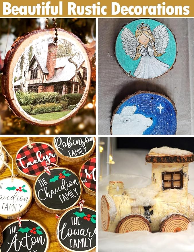 wohohoho 32pcs 3.2-3.6 inches Natural Wood Slices, Unfinished Craft Wood Kit Predrilled with Hole Thickened Wooden Circles with Bark for DIY Ornaments Christmas Wedding Decorations Wood Coasters Tags