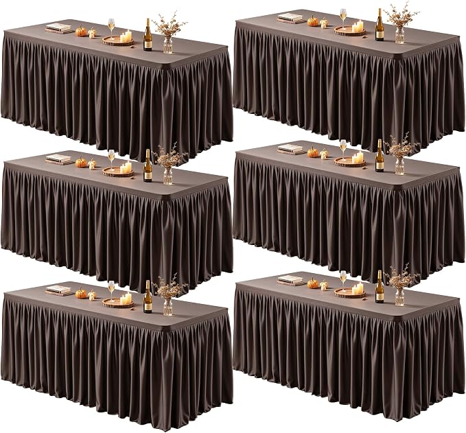 PARTISKY 6 Pack Chocolate Tablecloths for Rectangle Tables 6ft, Wrinkle Resistant Spandex Table Cover Fitted Stretch Table Cloth with Pleated Ruffle Skirts for Party Banquet Dining Birthday Wedding