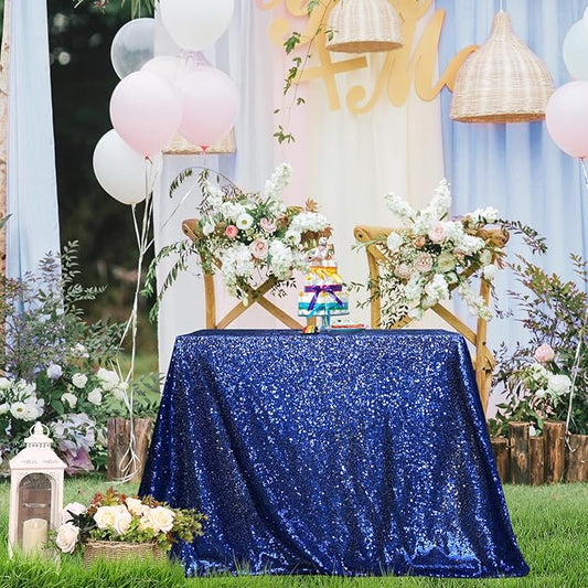 PartyDelight Sequin Tablecloth Navy Blue 48x72 Sparkly Rectangular Table Cloth for Independence Day, Gender Reveals Graduation Party Event Decor