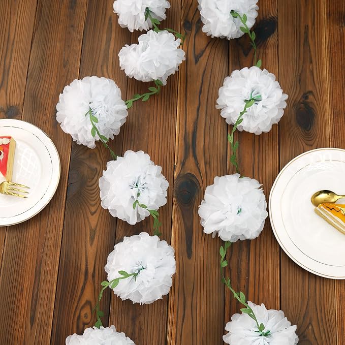 White Tissue Paper Pom Pom Garlands, Paper Flowers for Birthday Decorations, Baby Shower, Wedding Engagement, Bridal Shower, Spring Summer Party Decorations, 2 Pcs