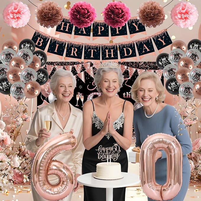 60th Birthday Decorations for Women, JKIYT Black Rose Gold Happy 60 Years Old Decor for Woman Include Sash and Crown, 30pcs Balloons Banner 40" Number Balloons, Backdrop Cake Topper & Paper Pom Poms
