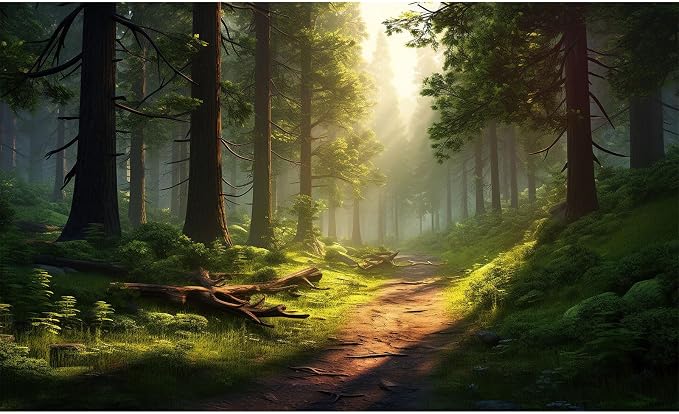 Forest Backdrop Tranquil Pathway Meanders Through Dense Foliage Forest Photography Backgrounds Hyper Realistic Lush Green Forest Backdrops Towering Trees Natural Landscape Decorations 10x8ft