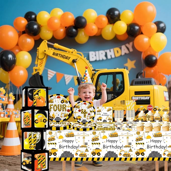 345 Pcs Construction 4th Birthday Party Supplies, Dump Truck Four Years Old Party Decorations Include Backdrop, Balloons Box, Hanging Swirls, Tablecloth, Plates, Cake Toppers, Balloons Garland Kit