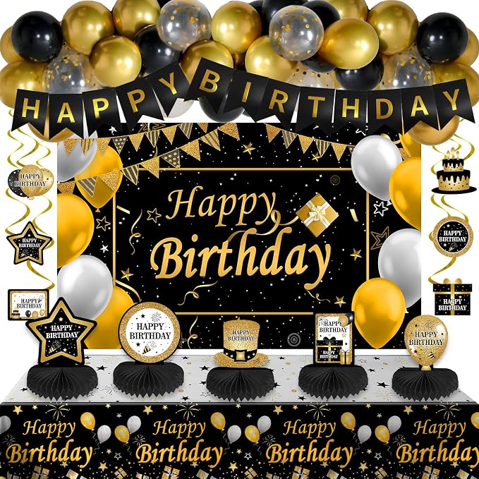 Black and Gold Birthday Decorations, Brithday Party Decorations for Men Boys Women Girls with Black Gold Happy Birthday Banner Decorations Tablecloth Backdrop Balloons Arch Bady Party Supplies