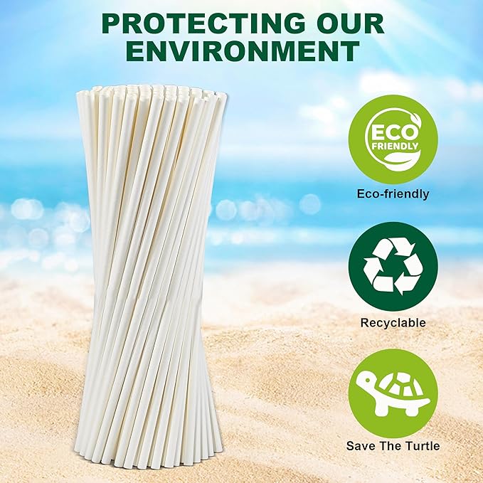 10.25" x 0.24‘ Long Disposable Paper Drinking Straws Bulk - Unwrapped, Dye-free White [600 Counts]