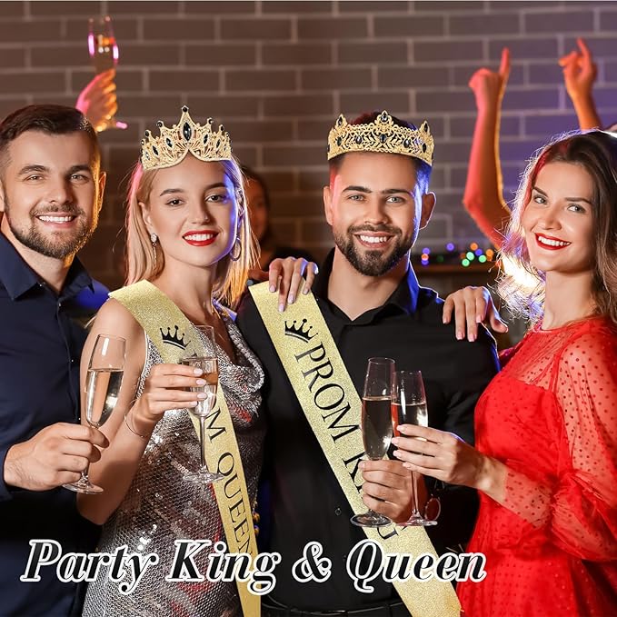 Ferreve 4 Pcs Prom King and Queen Crowns and Sashes Set Graduation Prom King and Queen Tiara Sash for 80's Prom Party Favors(Black)