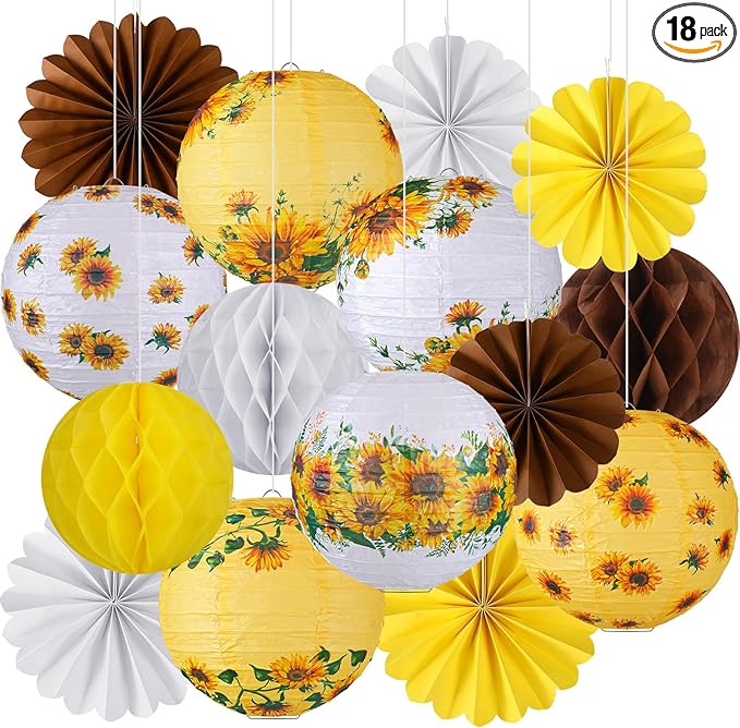 Raiten 18 Pcs Sunflower Party Decorations Kit Summer Hanging Paper Lanterns Yellow White Brown Sunflower Hanging Paper Fan Honeycomb Ball for Wedding Party Baby Shower