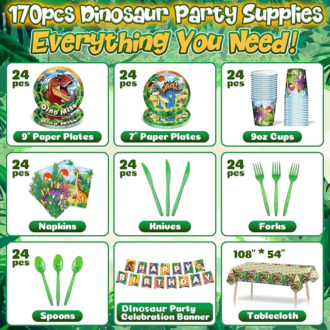 Daidle Birthday Party Supplies Kit for 24 Guests - for Dinosaur Birthday Decorations, with Banner & Tablecloth, Plates, Cups, Napkins and Cutlery, 1st Dinosaur Party Decorations for Kids