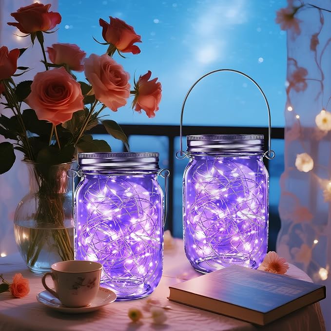 Mason Jar Solar Lights 30 LED Outdoor Solar Firefly Lights,Solar Fairy Lids Lights（No Jars）,Waterproof Lantern Mason String Solar Lights with Hangers for Regular Mouth Jars (12pack-Purple)