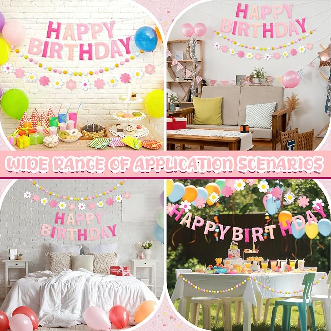 Mindsoft Felt Birthday Decorations Pre Strung 3D Felt Happy Birthday Banner with Fabric Flower Garland, Colorful Ball, Party Decorations for Women Men Boys Girls(Pink,Cute)