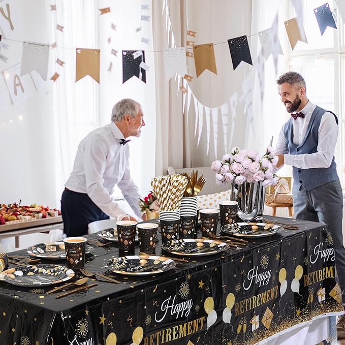 Funnymoom 452 Pcs Happy Retirement Party Decorations Men for 50 Guests, Black Gold Retirement Paper Plates and Napkins Cups Tablecloth Cutlery Straws Disposable Tableware Party Supplies for Men Women