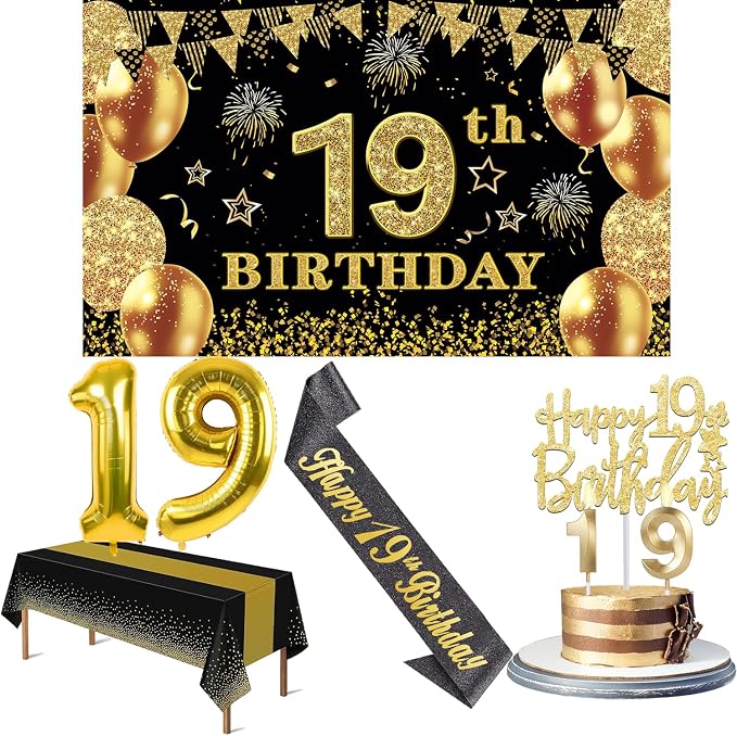 19th Birthday Decorations for Him Her with 19th Birthday Banner, Black and Gold Table Cloth, Number Balloons, Large Sash, Cake Topper and Candles