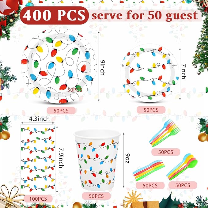 Funnymoom 400 Pcs Christmas Party Supplies, Christmas Lights Paper Plates and Napkins Cups Set with Spoons Forks Knives, Xmas Light Tableware Set for Holiday Xmas Party Decorations