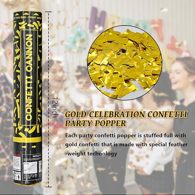 Confetti Cannon Gold Party Poppers 12 Pack Party Cannon Confetti Shooters for Celebrations Wedding Birthday Graduation Golden Foil 12 inch Confetti Poppers for Christmas New Year Eve Parties Supply
