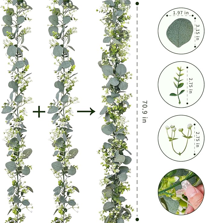 2 Pcs Artificial Eucalyptus Garland,5.9FT Greenery Garland with White Flowers,Faux Silver Dollar Fake Vines Hanging Green for Table Centerpieces Arch Wedding Backdrop Party Indoor Outdoor Decoration