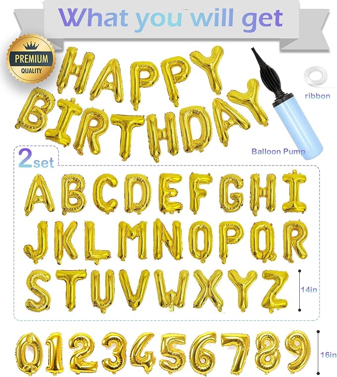 76pcs Happy Birthday Balloon Banner, Gold Balloons Letters, Personalized 16" Mylar Foil Birthday Decorations includes 2 Sets A- Z, 1 set Number 0-9 and "HAPPY BIRTHDAY" letters (with Balloon Pump)