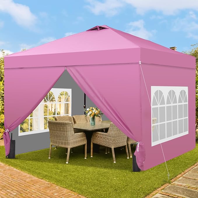 GDY 10x10 Pop Up Canopy Tent with 4 Sidewalls, Easy Set up, Outdoor Silver Coated Beach Gazebos, Carpas with 4 Sandbags, for Outdoor, Parties,Camping, Pink.