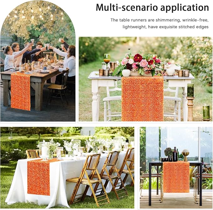 2 Packs 12 x 72 inches Sequin Table Runner, Orange Glitter Table Runner for Birthday Party Supplies Wedding Engagement Baby Shower Holiday Celebration Event Decorations