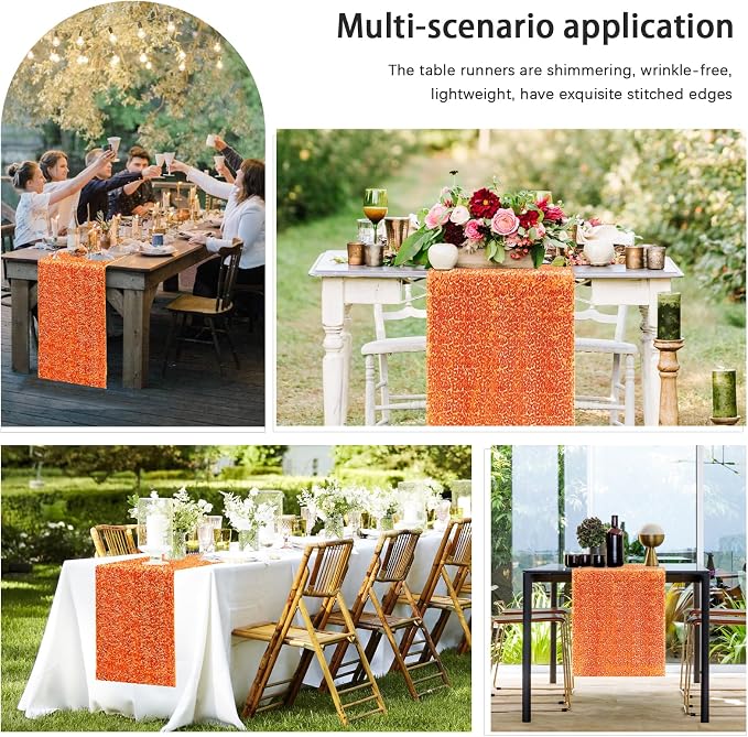 2 Packs 12 x 72 inches Sequin Table Runner, Orange Glitter Table Runner for Birthday Party Supplies Wedding Engagement Baby Shower Holiday Celebration Event Decorations