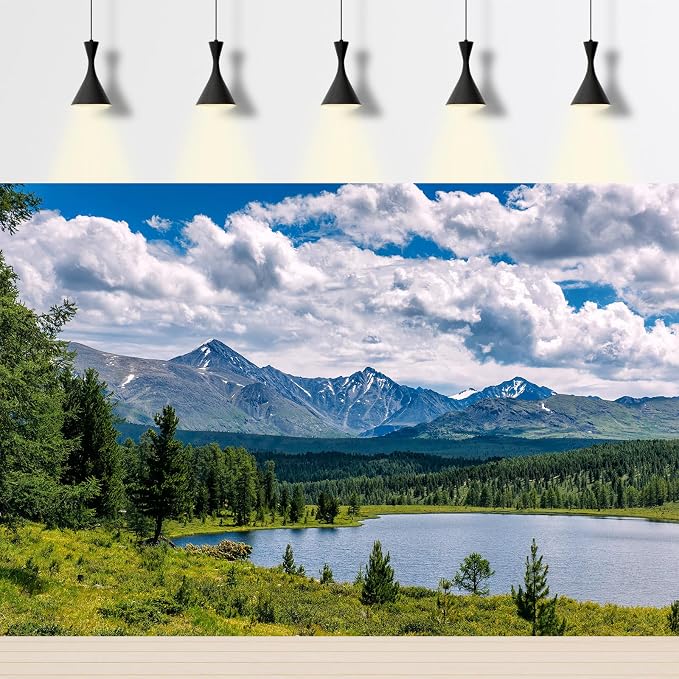 Mountain Lake Backdrop Pine Trees Forest Natural Landscape Photography Background Tranquil Lake Fantastic Mountains Blue Sky with Clouds Background Mountains Turquoise Water Backdrop Props 9x6ft
