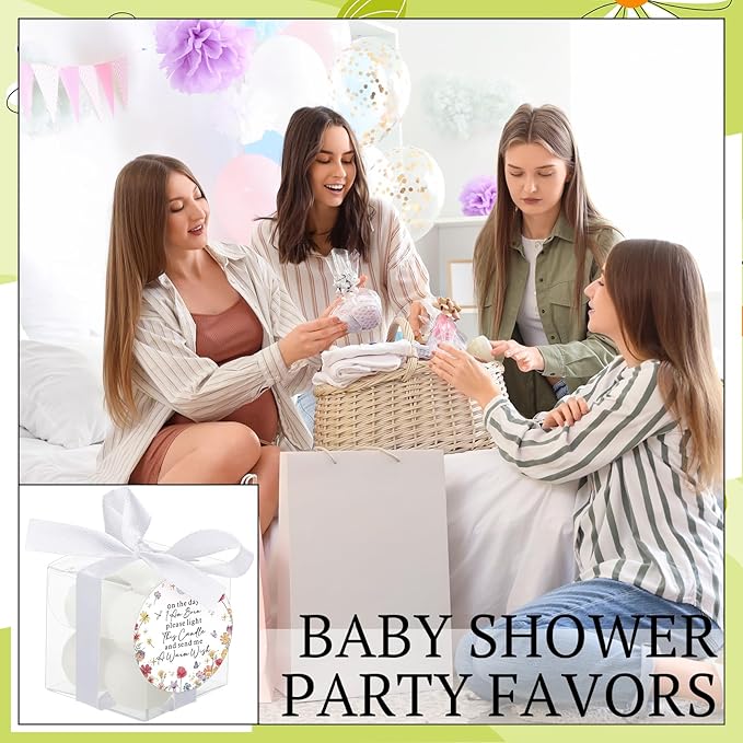 MTLEE 24 Sets Wildflower Baby Shower Favors Small Bubble Candles Baby Shower Favors for Guests Tea Candles Bulk with Stylish Ribbons Cards Gifts Party Decoration(White,Wildflower)