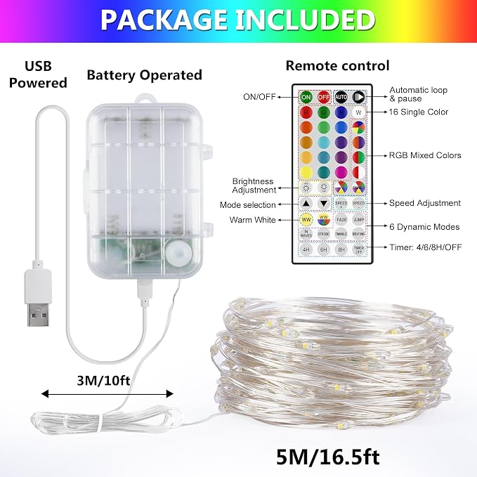 OMIKA 16.5ft 50 LEDs Battery Operated Fairy Lights, 24 Colors +Warm White USB Powered String Lights, with Remote Timer Waterproof Twinkle Lights for Room Garden Patio Indoor Outdoor Decor(150 Modes)