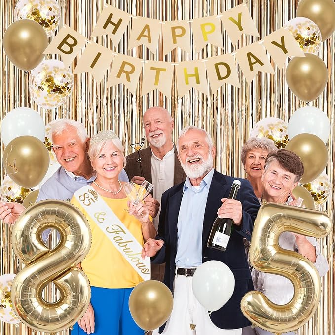 Trgowaul 85th Birthday Decorations for Women, Banner, Sash and Crown, Cake Topper, 85 Number Balloon, Fringe Curtains, Champagne Gold 85th Birthday Party Supplies
